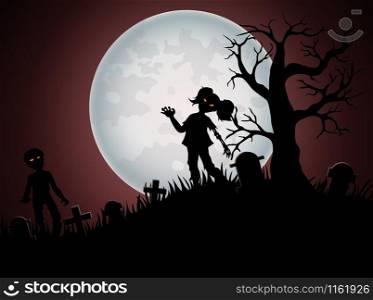 Halloween background with zombies and the moon on the cemetery