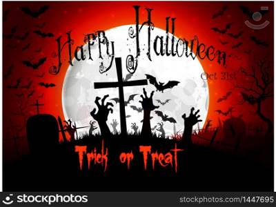 Halloween background with zombies hand and bats on full moon