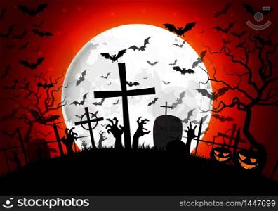 Halloween background with zombies hand and bats on full moon