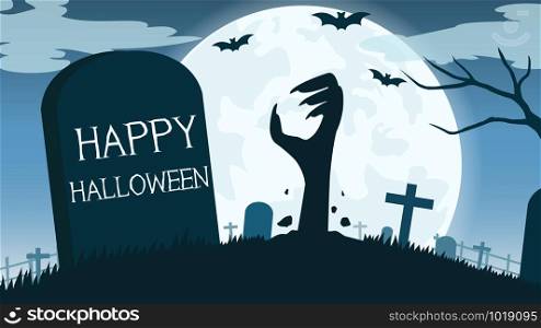 Halloween background with zombies hand in graveyard and the full moon - Vector illustration
