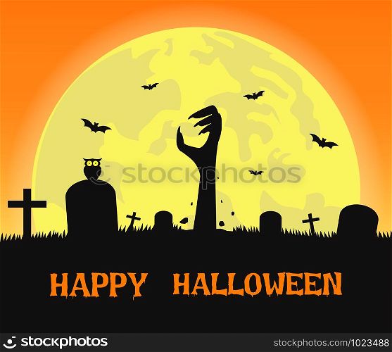 Halloween background with zombies hands in graveyard and the full moon - Vector illustration