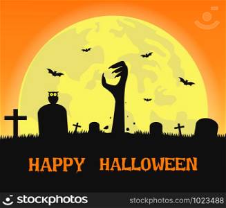 Halloween background with zombies hands in graveyard and the full moon - Vector illustration