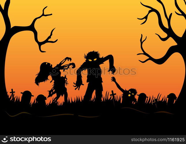 Halloween background with zombies, tombstones and on the cemetery