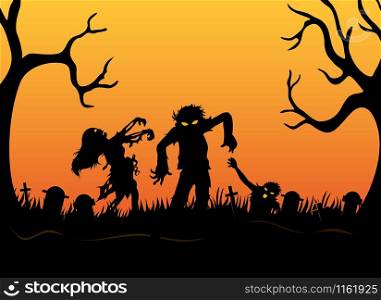 Halloween background with zombies, tombstones and on the cemetery