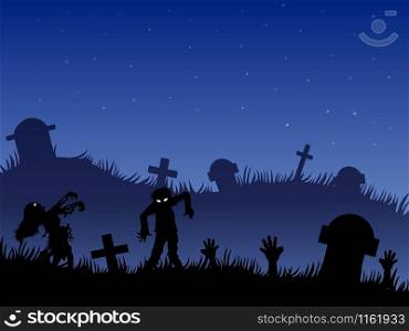 Halloween background with zombies, tombstones and on the cemetery.Vector illustration