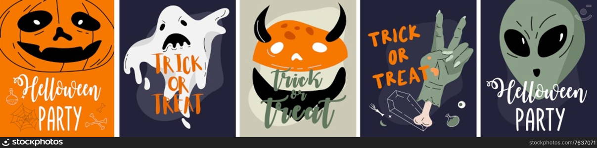 Halloween backgrounds collection. Helloween greeting card and poster, party sign. Concept illustration with Sign and symbol. Flat design cartoon. Traditional design. Halloween backgrounds collection. Helloween greeting card and poster, party sign. Concept illustration with Sign and symbol. Flat design cartoon