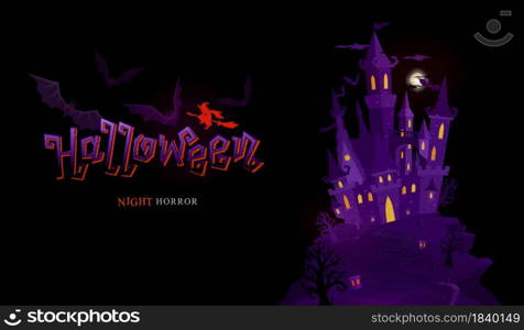 halloween banner celebration with typography design and castle graphic art and horror element concept isolated on black background