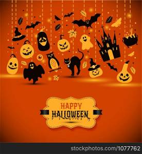 Halloween banner on orange background. Invitation to night party. Vector design template for halloween celebration with icons. Set of autumn symbols.. Halloween banner on orange background. Invitation to night party