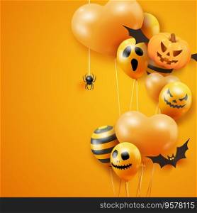 Halloween banner with flying pumpkins, bat, spider and ghost balloons on orange background. Halloween background with scary air balloons. Holiday greeting card. Halloween banner with flying pumpkins, bat, spider and ghost balloons on orange background. Halloween background with scary air balloons