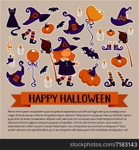 Halloween Banner with Icons on Halloween theme. Vector Illustration. Trick or Treat cartoon items for Party Invitation or menu design.. Halloween Banner with Icons on Halloween theme.