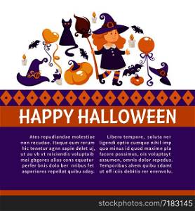 Halloween Banner with Icons on Halloween theme. Vector Illustration. Trick or Treat cartoon items for Party Invitation or menu design.. Halloween Banner with Icons on Halloween theme.
