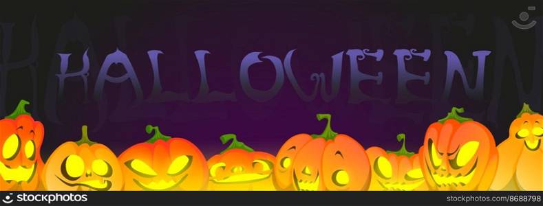 Halloween banner with pumpkins, seasonal holiday background with jack-o-lantern creepy faces with glowing eyes and spooky facial expression. Party celebration flyer or invitation, Vector illustration. Halloween banner with pumpkins, seasonal holiday