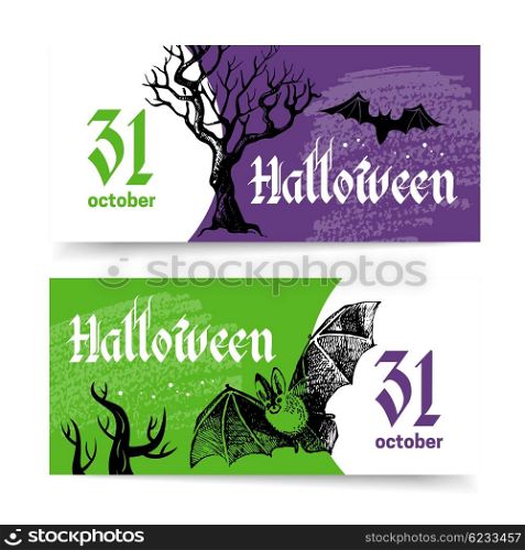 Halloween banners set. Hand drawn sketch invitations. Vector illustration