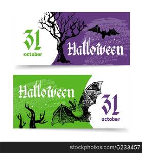 Halloween banners set. Hand drawn sketch invitations. Vector illustration