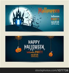 Halloween banners set on blue and darkblue background. Invitation to night party. Vector design template for halloween celebration. Set of autumn symbols.. Halloween banners set on blue and darkblue background. Invitatio