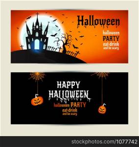 Halloween banners set on orange and black background. Invitation to night party. Vector design template for halloween celebration. Set of autumn symbols.. Halloween banners set on orange and black background.