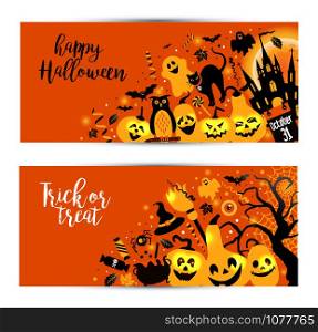 Halloween banners set on orange background. Invitation to night party. Vector design template for halloween celebration with icons. Set of autumn symbols.. Halloween banners set on orange background. Invitation to night
