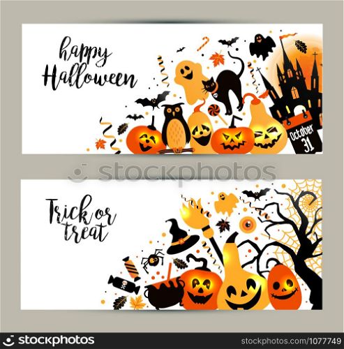 Halloween banners set on white background. Invitation to night party. Vector design template for halloween celebration with icons. Set of autumn symbols.. Halloween banners set on white background. Invitation to night p