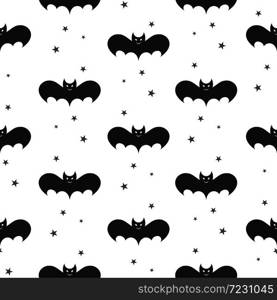 Halloween black bat seamless pattern. Silhouettes style. Vector illustration isolated on white background.