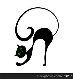 Halloween black cat with green eyes. Vector illustration.