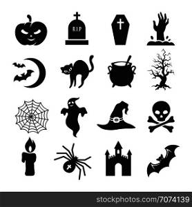 Halloween black silhouette icons. Pumpkin and spider, bat and tombstone vector silhouettes. Halloween black silhouette vector icons
