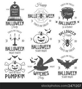 Halloween black white emblems of parties and celebrations with holiday symbols and traditional saying isolated vector illustration . Halloween Black White Emblems