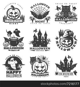 Halloween black white emblems of parties and greetings with holiday attributes and sayings isolated vector illustration . Halloween Black White Emblems