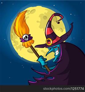 Halloween blue witch in hat with a broom isolated on night background with moon. Vector illustration