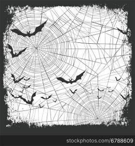 Halloween border for design. Bats silhouettes and scary pumpkins. Spider web background