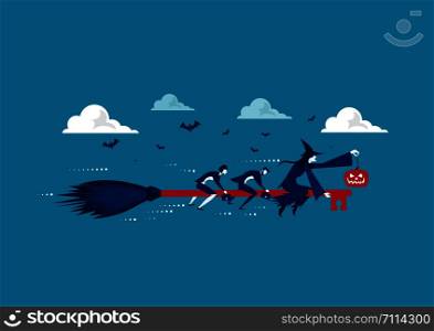 halloween business man and woman with witch flying on key broomstick go to goal vector.