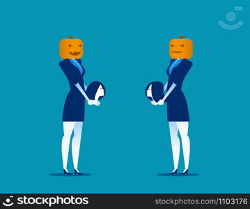 Halloween. Business people and pumpkinhead, holding head. Concept business vector illustration.