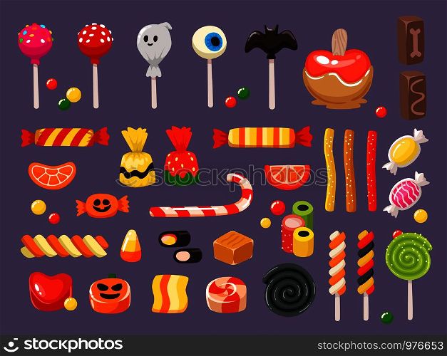 Halloween candy. Sweet candies, scary bat lollipop and kids sweets liquorice butterscotch, cupcakes and jelly treats, october trick or treat entertainment vector illustration isolated symbols set. Halloween candy. Sweet candies, scary bat lollipop and sweets liquorice butterscotch vector illustration set