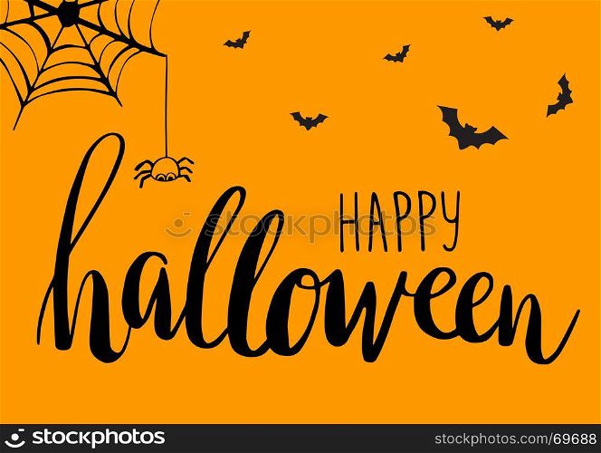halloween card. Cute Spiders, Bats and Web on orange background with text Happy Halloween. Holiday vector illustration