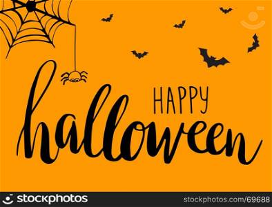 halloween card. Cute Spiders, Bats and Web on orange background with text Happy Halloween. Holiday vector illustration