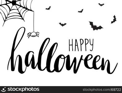 halloween card. Cute Spiders, Bats and Web on white background with text Happy Halloween. Holiday vector illustration. Cute Spiders, Bats and Web on white background with text Happy Halloween. Holiday vector illustration