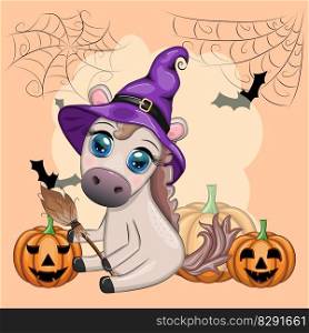 Halloween card for the holiday. Cute horse, pony in a purple witch hat, with a broom, pumpkin, potion.. Cute horse, pony in a purple witch hat, with a broom, pumpkin, potion. Halloween card for the holiday
