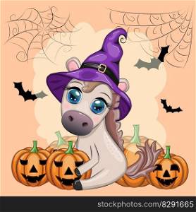 Halloween card for the holiday. Cute horse, pony in a purple witch hat, with a broom, pumpkin, potion.. Cute horse, pony in a purple witch hat, with a broom, pumpkin, potion. Halloween card for the holiday