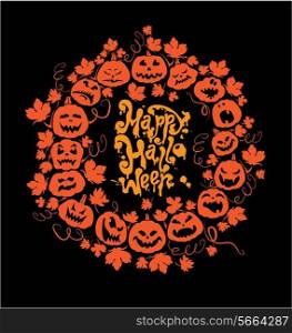 Halloween card - orange sillouette of pumpkins on black background. Card with calligraphic text Happy Halloween.