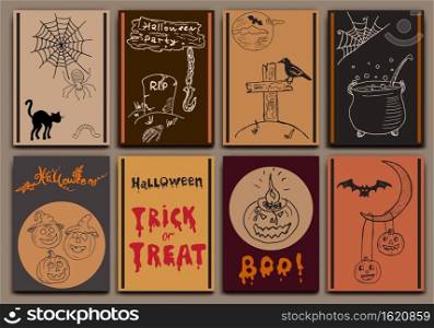 Halloween cards baners design vector set with Hand Drawn Sketch elements pumpkin, bats, spiders with web, witch pot, cat. Doodles set with Lettering.. Halloween cards baners design vector set with Hand Drawn Sketch elements pumpkin, bats, spiders with web, witch pot, cat. Doodles set with Lettering
