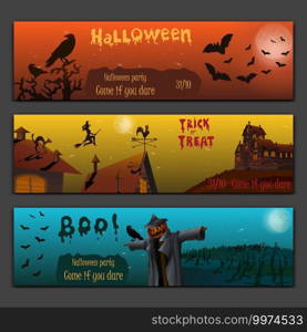 Halloween cards baners design vector set with pumpkin, witch, bats, scarecrow and haunted house.