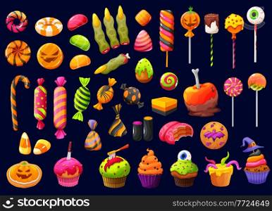 Halloween cartoon candies and lollipops with witch fingers, candy corn and pumpkin cupcakes, vector. Halloween trick or treat sweets, chocolate skulls and liquorice bones, spooky cakes and cookies. Halloween cartoon candies, lollipop witch fingers