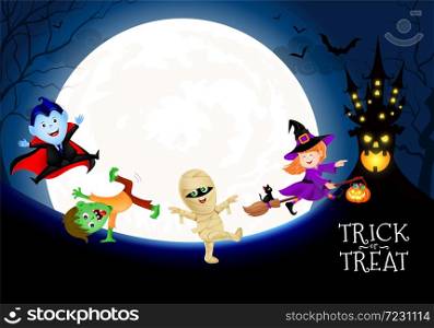 Halloween cartoon character set in moon night. witch, count dracula, zombie and mummy. Happy halloween concept. Illustration for banner, poster, greeting card, digital design.