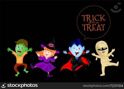 Halloween cartoon character set. witch, count dracula, zombie and mummy. Trick or treat, Halloween concept. Illustration isolated on black.