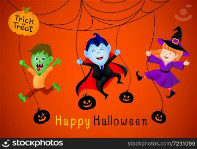 Halloween cartoon character set with cobweb. Count dracula, zombie and witch. Trick or treat. Illustration for banner, greeting card, poster.