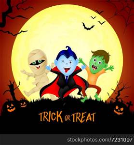 Halloween cartoon character set with moon. Count dracula, zombie and mummy. Illustration in moonlight background.