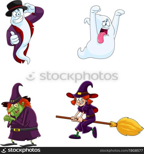 Halloween Cartoon Characters Ghost And Witch. Vector Collection Set Isolated On White Background