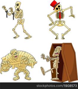 Halloween Cartoon Characters Skeleton And Mummy. Vector Collection Set Isolated On White Background