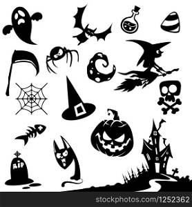Halloween cartoon elements silhouette. Pumpkin head, witch, skull, grim reaper, haunted house, cat,ghost, moon, spider, poison, pot, broomstick, candy, scythe, web, bat, tombstone icons.