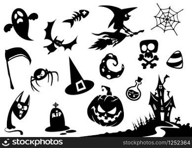 Halloween cartoon elements silhouette. Pumpkin head, witch, skull, grim reaper, haunted house, cat,ghost, moon, spider, poison, pot, broomstick, candy, scythe, web, bat, tombstone icons.