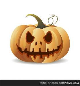 Halloween cartoon pumpkin smiling. Orange vector pumpkin to autumn holiday. Illustration of halloween mascot with scary smile isolated on white. Traditional spooky face with funny emotion. Halloween cartoon pumpkin smiling. Orange vector pumpkin